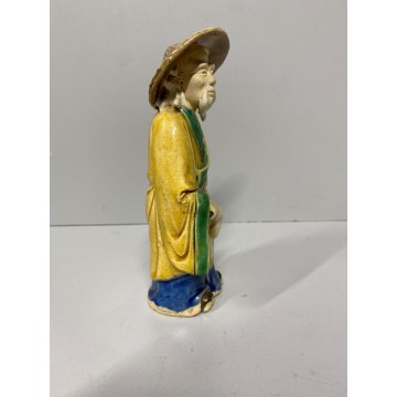 SCULTURA VINTAGE MUD MAN Pescatore CINESE GRES SMALTO POLICROMO 16 cm/h  XX sec.