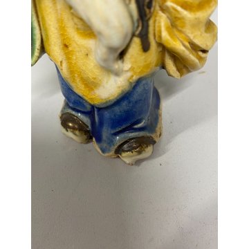 SCULTURA VINTAGE MUD MAN Pescatore CINESE GRES SMALTO POLICROMO 16 cm/h  XX sec.