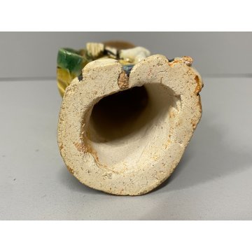 SCULTURA VINTAGE MUD MAN Pescatore CINESE GRES SMALTO POLICROMO 16 cm/h  XX sec.