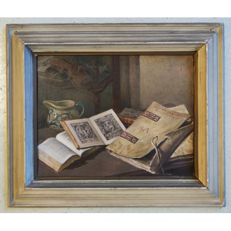 ANTICO QUADRO Arcangeli Luigi DIPINTO olio tavola NATURA MORTA Libri Violino