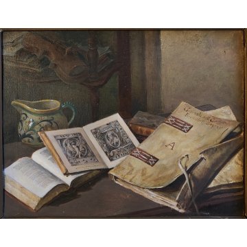 ANTICO QUADRO Arcangeli Luigi DIPINTO olio tavola NATURA MORTA Libri Violino