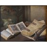 ANTICO QUADRO Arcangeli Luigi DIPINTO olio tavola NATURA MORTA Libri Violino