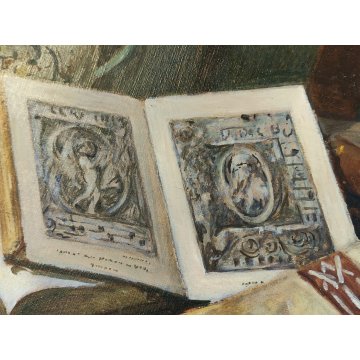 ANTICO QUADRO Arcangeli Luigi DIPINTO olio tavola NATURA MORTA Libri Violino