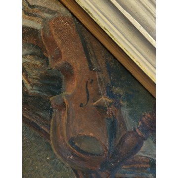 ANTICO QUADRO Arcangeli Luigi DIPINTO olio tavola NATURA MORTA Libri Violino