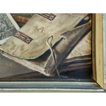 ANTICO QUADRO Arcangeli Luigi DIPINTO olio tavola NATURA MORTA Libri Violino