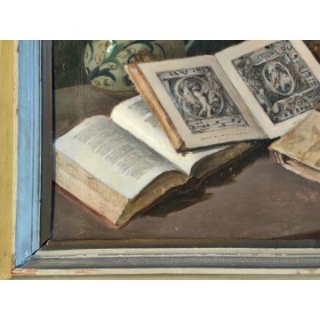 ANTICO QUADRO Arcangeli Luigi DIPINTO olio tavola NATURA MORTA Libri Violino