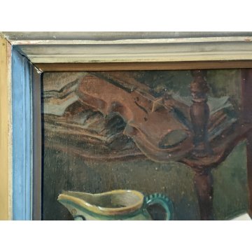 ANTICO QUADRO Arcangeli Luigi DIPINTO olio tavola NATURA MORTA Libri Violino