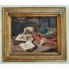 ANTICO QUADRO Arcangeli Luigi DIPINTO olio tavola NATURA MORTA Libri Statua Cane