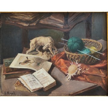 ANTICO QUADRO Arcangeli Luigi DIPINTO olio tavola NATURA MORTA Libri Statua Cane