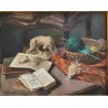 ANTICO QUADRO Arcangeli Luigi DIPINTO olio tavola NATURA MORTA Libri Statua Cane
