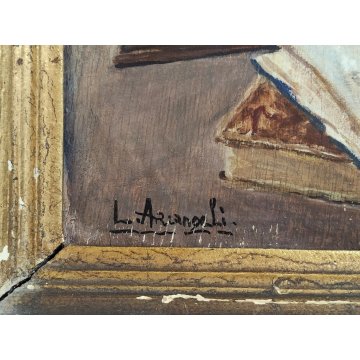 ANTICO QUADRO Arcangeli Luigi DIPINTO olio tavola NATURA MORTA Libri Statua Cane