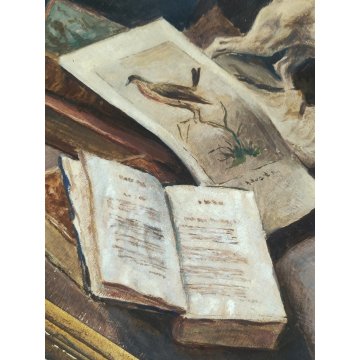 ANTICO QUADRO Arcangeli Luigi DIPINTO olio tavola NATURA MORTA Libri Statua Cane