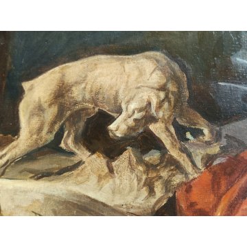 ANTICO QUADRO Arcangeli Luigi DIPINTO olio tavola NATURA MORTA Libri Statua Cane