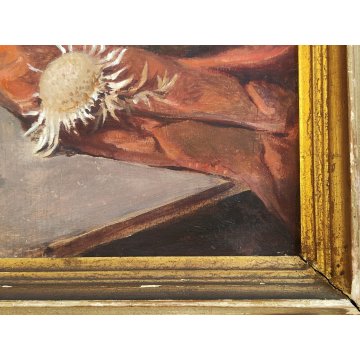 ANTICO QUADRO Arcangeli Luigi DIPINTO olio tavola NATURA MORTA Libri Statua Cane