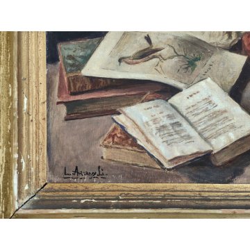 ANTICO QUADRO Arcangeli Luigi DIPINTO olio tavola NATURA MORTA Libri Statua Cane
