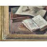 ANTICO QUADRO Arcangeli Luigi DIPINTO olio tavola NATURA MORTA Libri Statua Cane