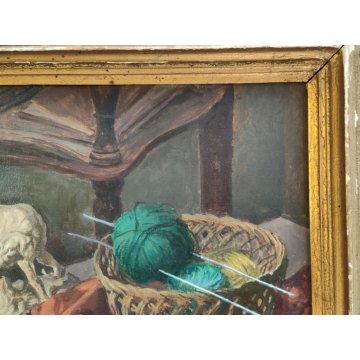 ANTICO QUADRO Arcangeli Luigi DIPINTO olio tavola NATURA MORTA Libri Statua Cane