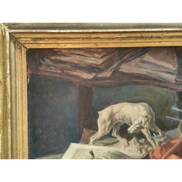 ANTICO QUADRO Arcangeli Luigi DIPINTO olio tavola NATURA MORTA Libri Statua Cane