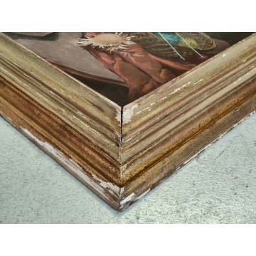 ANTICO QUADRO Arcangeli Luigi DIPINTO olio tavola NATURA MORTA Libri Statua Cane
