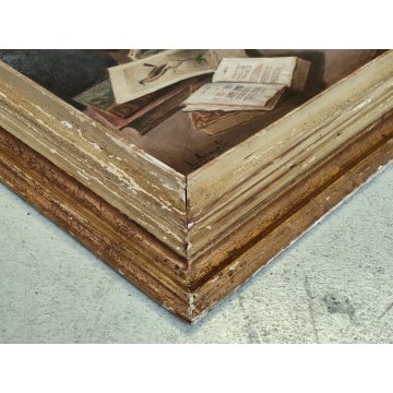 ANTICO QUADRO Arcangeli Luigi DIPINTO olio tavola NATURA MORTA Libri Statua Cane