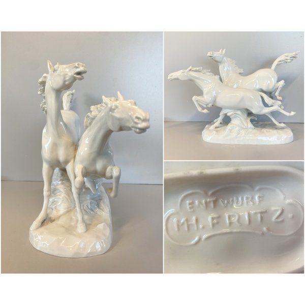 FIGURA CAVALLI al GALOPPO PORCELLANA MH. Fritz  FREEDOM WHITE HORSES 27 cm/h ca