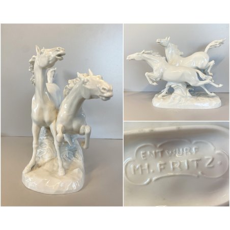 FIGURA CAVALLI al GALOPPO PORCELLANA MH. Fritz  FREEDOM WHITE HORSES 27 cm/h ca