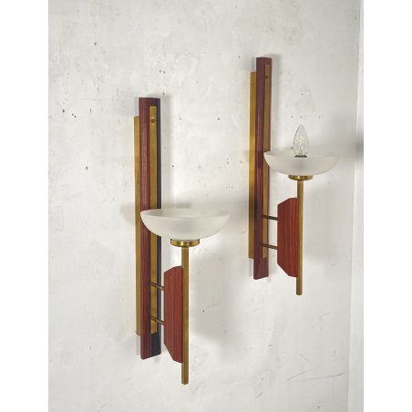 COPPIA APPLIQUE LEGNO OTTONE VETRO DESIGN MID CENTURY MODERN ANNI 60 WALL LAMP
