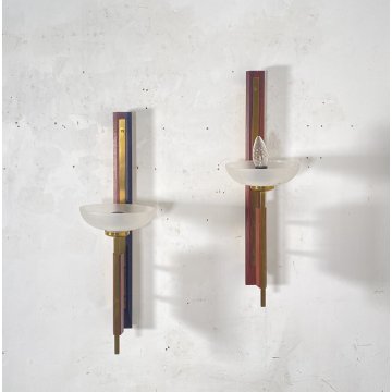 COPPIA APPLIQUE LEGNO OTTONE VETRO DESIGN MID CENTURY MODERN ANNI 60 WALL LAMP