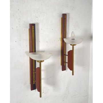 COPPIA APPLIQUE LEGNO OTTONE VETRO DESIGN MID CENTURY MODERN ANNI 60 WALL LAMP