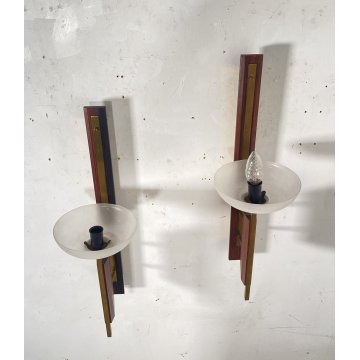 COPPIA APPLIQUE LEGNO OTTONE VETRO DESIGN MID CENTURY MODERN ANNI 60 WALL LAMP