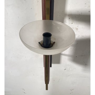 COPPIA APPLIQUE LEGNO OTTONE VETRO DESIGN MID CENTURY MODERN ANNI 60 WALL LAMP