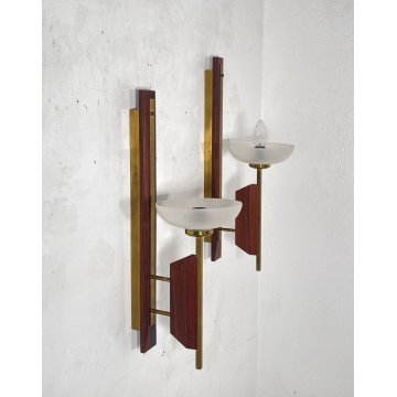 COPPIA APPLIQUE LEGNO OTTONE VETRO DESIGN MID CENTURY MODERN ANNI 60 WALL LAMP