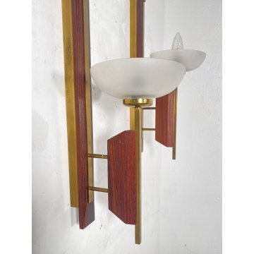 COPPIA APPLIQUE LEGNO OTTONE VETRO DESIGN MID CENTURY MODERN ANNI 60 WALL LAMP