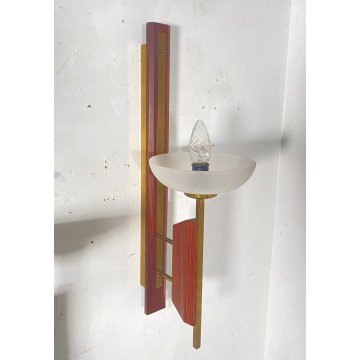 COPPIA APPLIQUE LEGNO OTTONE VETRO DESIGN MID CENTURY MODERN ANNI 60 WALL LAMP