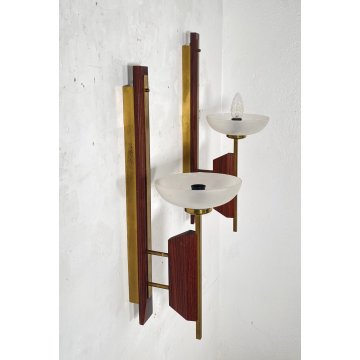 COPPIA APPLIQUE LEGNO OTTONE VETRO DESIGN MID CENTURY MODERN ANNI 60 WALL LAMP