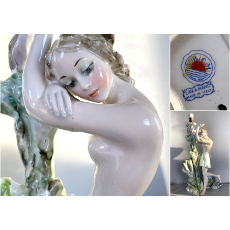 LAMPADA TAVOLO ABATJOURS SCULTURA PORCELLANA V.B.C.M. SMALTO  42 cm LIBERTY '900