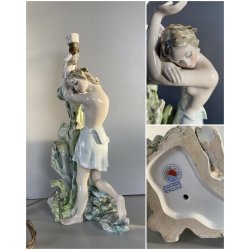 LAMPADA TAVOLO ABATJOURS SCULTURA PORCELLANA V.B.C.M. SMALTO  42 cm LIBERTY '900