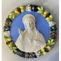 DECORAZIONE CERAMICA TONDO PARETE BASSORILIEVO SACRO CUORE Gesù STILE ROBBIANO