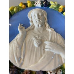 DECORAZIONE CERAMICA TONDO PARETE BASSORILIEVO SACRO CUORE Gesù STILE ROBBIANO
