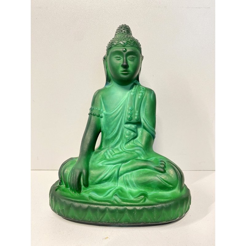 ANTICA SCULTURA BUDDHA Art Decò  PASTA VETRO VERDE MALACHITE BOHEMIAN ART 21cm/h