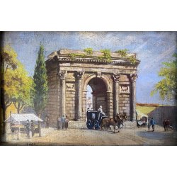 COPPIA MINIATURE OLIO Prada VECCHIA MILANO Porta Magenta Porta Garibaldi '900