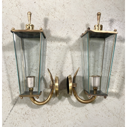 COPPIA APPLIQUE ESTERNO METALLO DORATO VETRO MOLATO WALL LAMP MID CENTURY MODERN