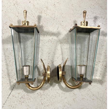 COPPIA APPLIQUE ESTERNO METALLO DORATO VETRO MOLATO WALL LAMP MID CENTURY MODERN