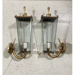 COPPIA APPLIQUE ESTERNO METALLO DORATO VETRO MOLATO WALL LAMP MID CENTURY MODERN