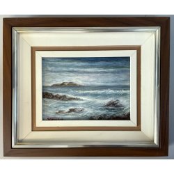 PICCOLO QUADRO DIPINTO OLIO Firmato PAESAGGIO COSTIERO MARINA ISOLA ONDE SCOGLI