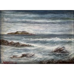 PICCOLO QUADRO DIPINTO OLIO Firmato PAESAGGIO COSTIERO MARINA ISOLA ONDE SCOGLI