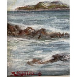 PICCOLO QUADRO DIPINTO OLIO Firmato PAESAGGIO COSTIERO MARINA ISOLA ONDE SCOGLI