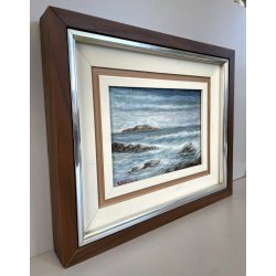 PICCOLO QUADRO DIPINTO OLIO Firmato PAESAGGIO COSTIERO MARINA ISOLA ONDE SCOGLI