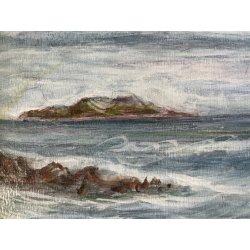 PICCOLO QUADRO DIPINTO OLIO Firmato PAESAGGIO COSTIERO MARINA ISOLA ONDE SCOGLI