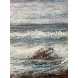 PICCOLO QUADRO DIPINTO OLIO Firmato PAESAGGIO COSTIERO MARINA ISOLA ONDE SCOGLI